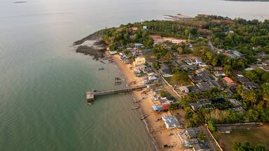 An aerial view of a coastal town with a beach, dock, and surrounding greenery.