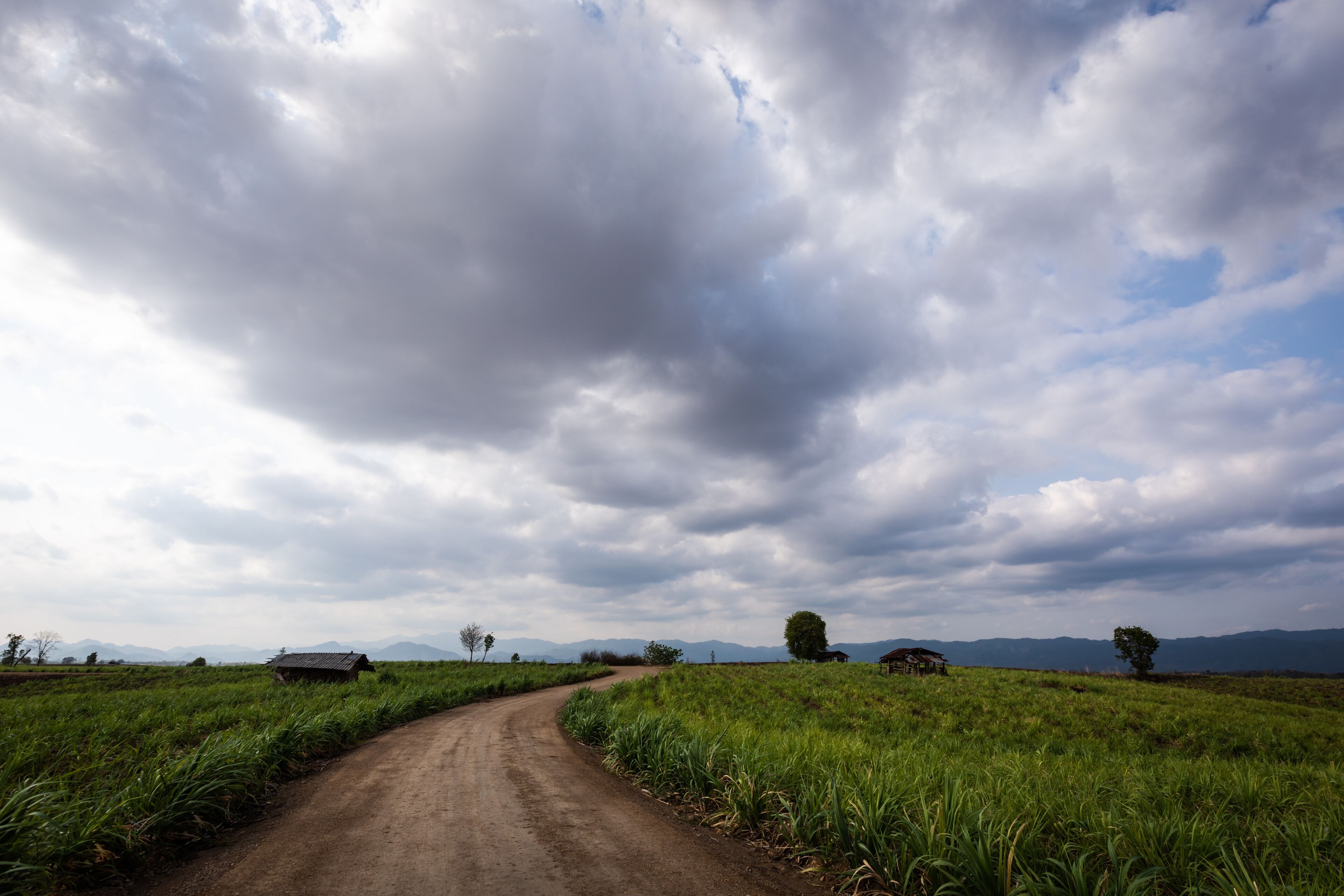 A rural dirt road winding through lush green fields, with distant mountains and a cloudy sky.