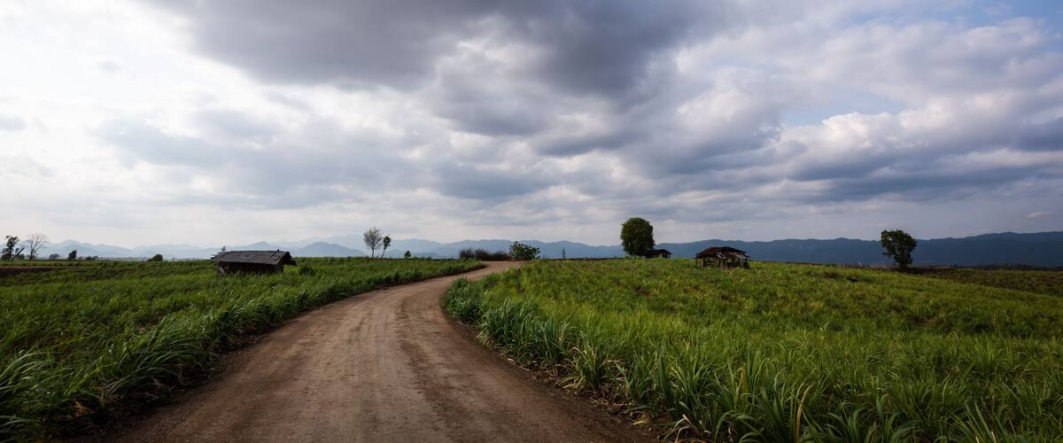A rural dirt road winding through lush green fields, with distant mountains and a cloudy sky.