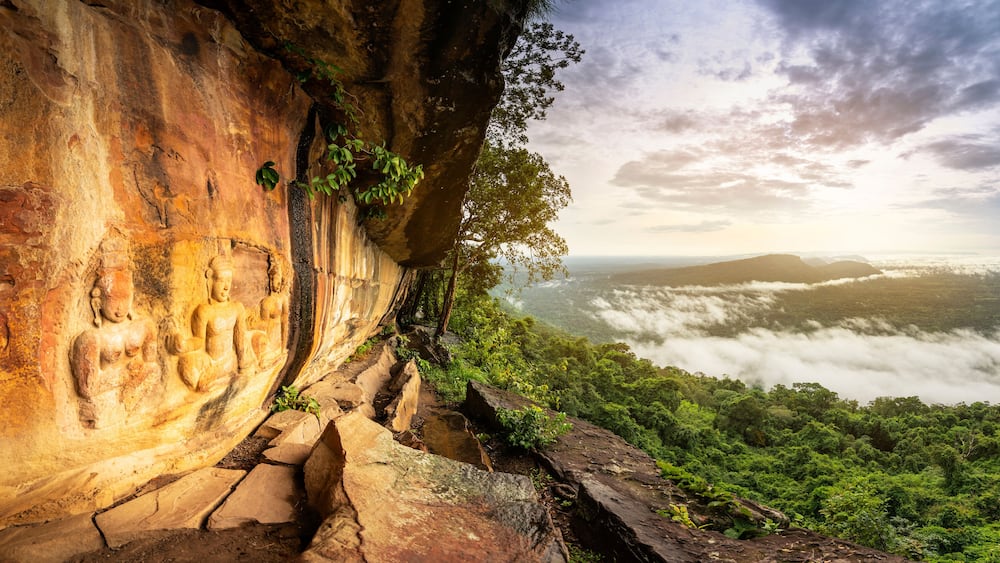 THE MILLION YEARS 3 FAIRIES CARVING UNDER THE CLIFF, Pha Mo I Daeng, Khao Phra Wihan National Park, sisaket, thailand.