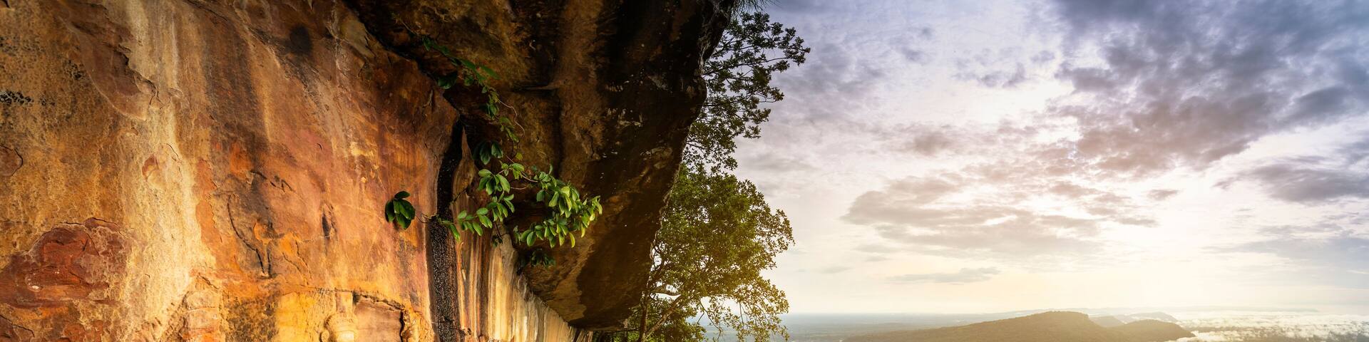 THE MILLION YEARS 3 FAIRIES CARVING UNDER THE CLIFF, Pha Mo I Daeng, Khao Phra Wihan National Park, sisaket, thailand.
