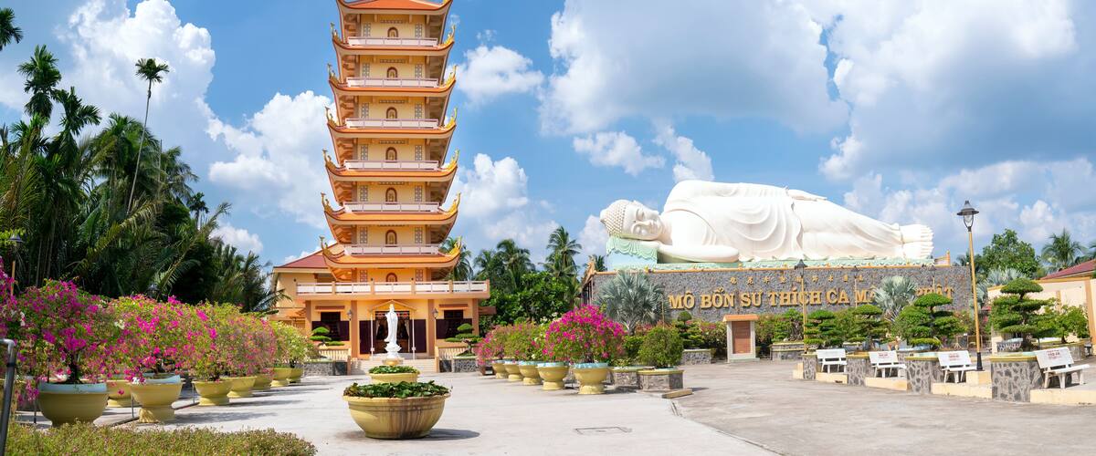 The relics tower in Vinh Trang temple complex. This is one of the largest pagodas in the Mekong Delta in My Tho, Vietnam
