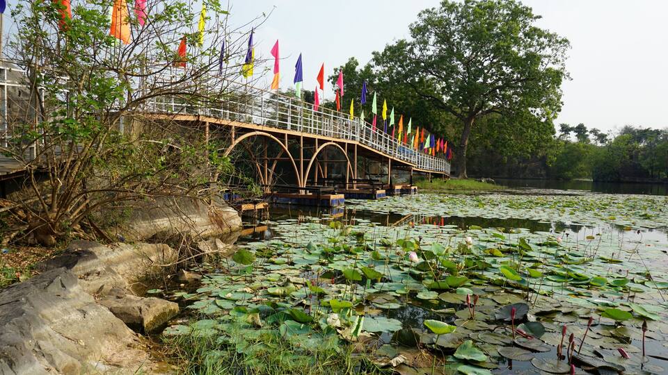 A bridge with colorful flags, a pond with lily pads, and trees in the background.