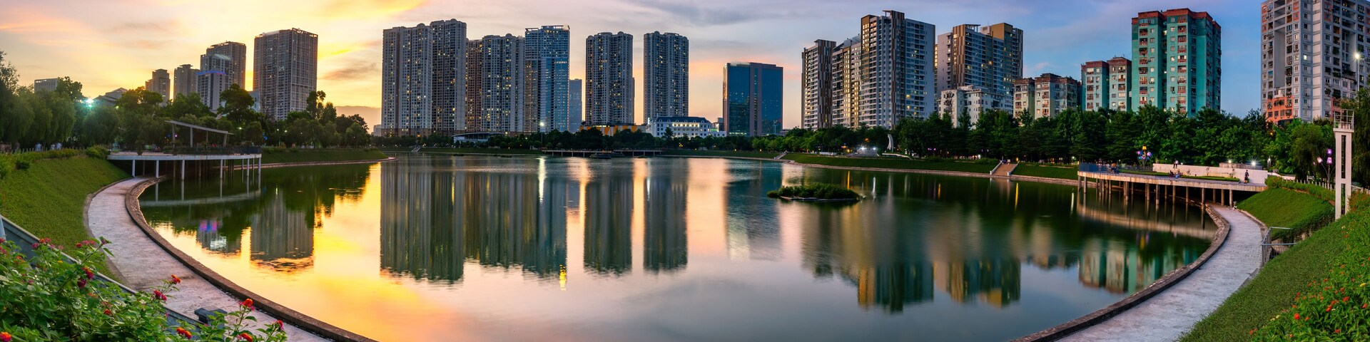 Cityscape of Hanoi skyline at Thanh Xuan park during sunset time in Hanoi city, Vietnam