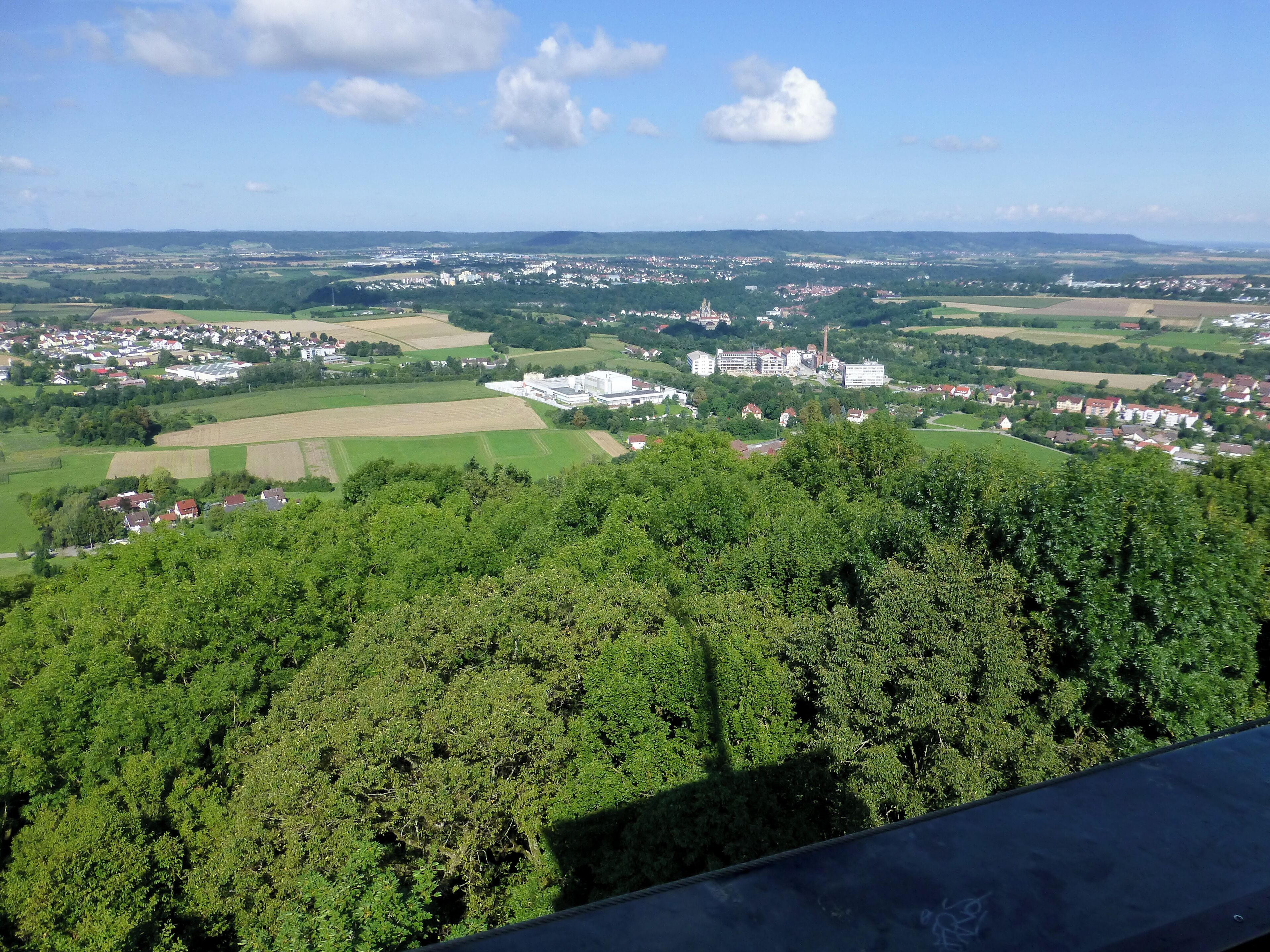 A panoramic view of a town surrounded by lush green fields and forests.