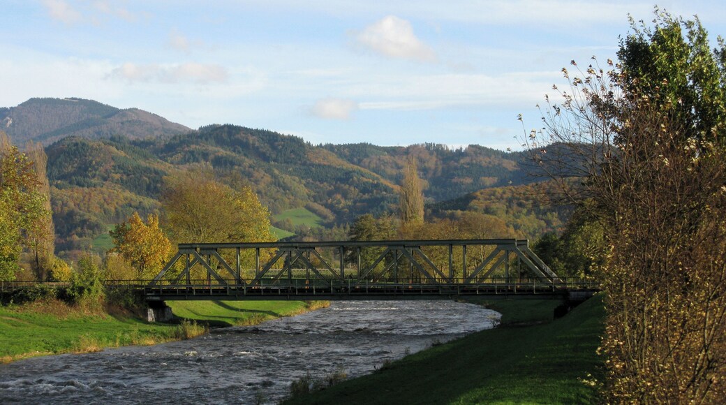 Brücke der Elztalbahn über die Elz bei Sexau, im Hintergrund der Kandel