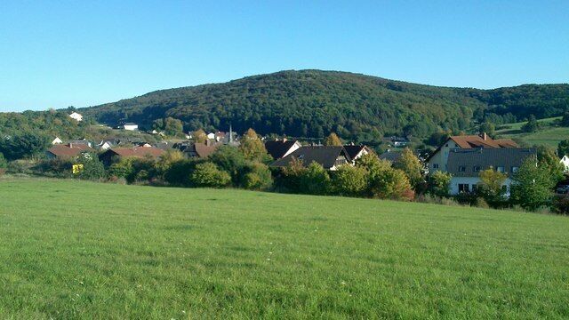 A rural landscape with a hill, houses, and a green field.