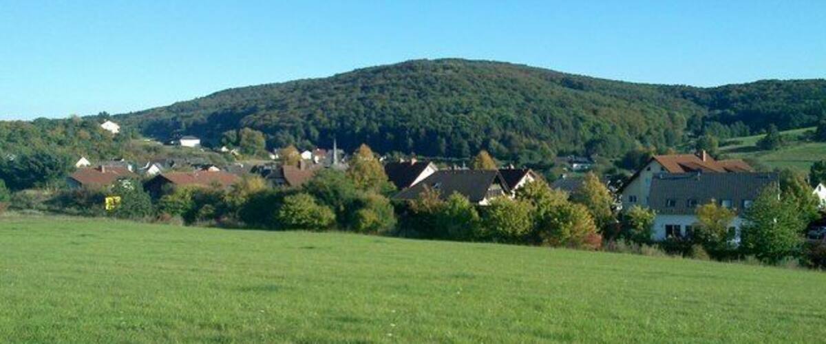 A rural landscape with a hill, houses, and a green field.