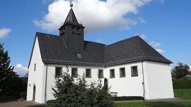 Een witte kerk met een zwarte torenspits en een windwijzer, omringd door groen gras en bomen.