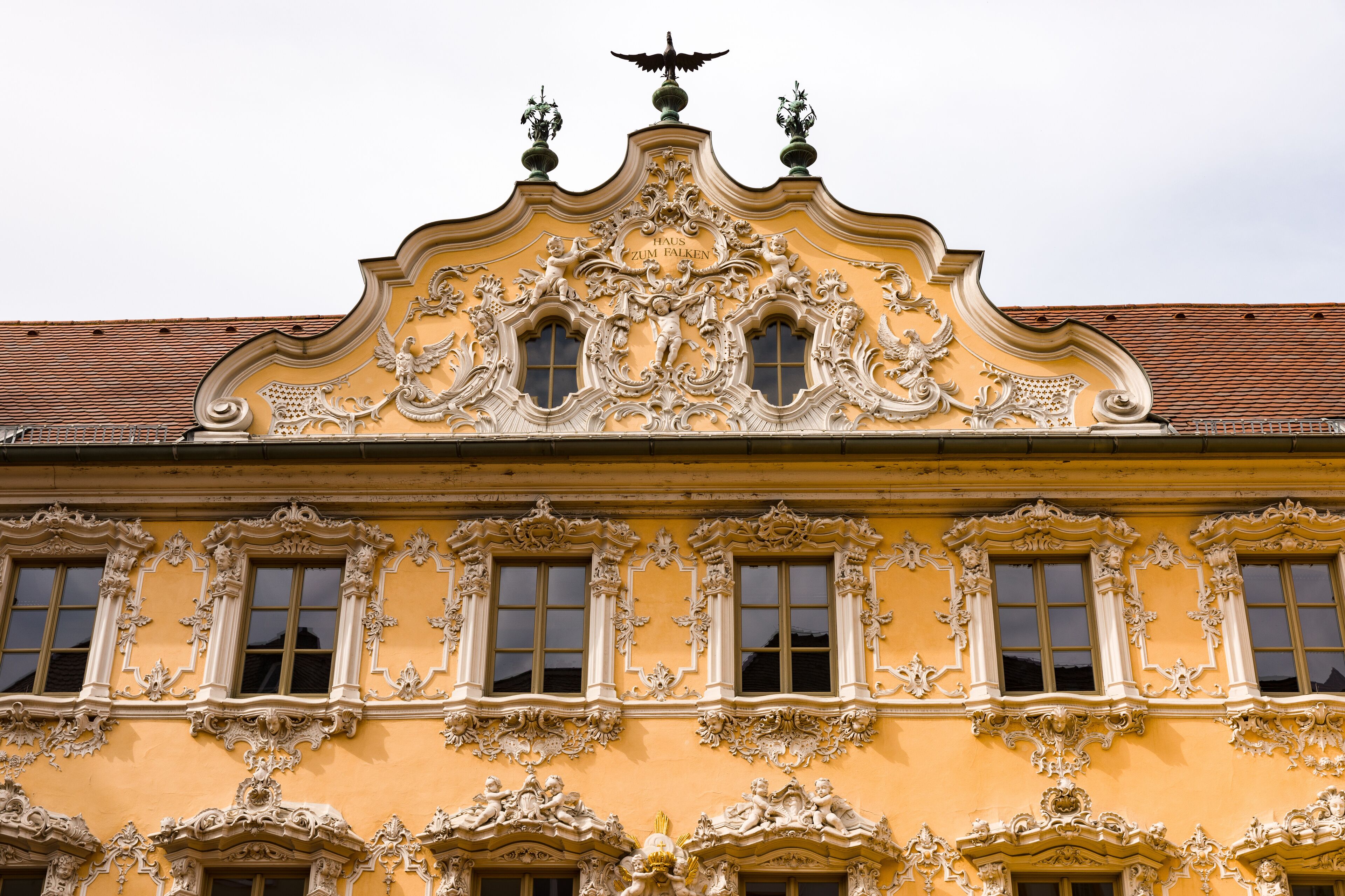 Facade of the Falkenhaus at the Upper Market Square in Wuerzburg's Old Town
