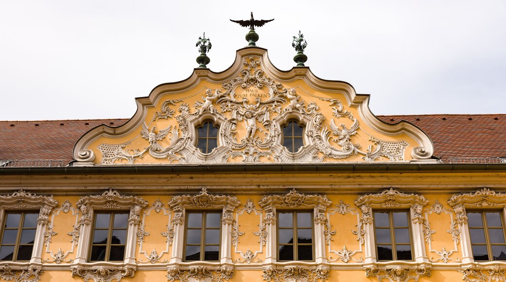 Facade of the Falkenhaus at the Upper Market Square in Wuerzburg's Old Town