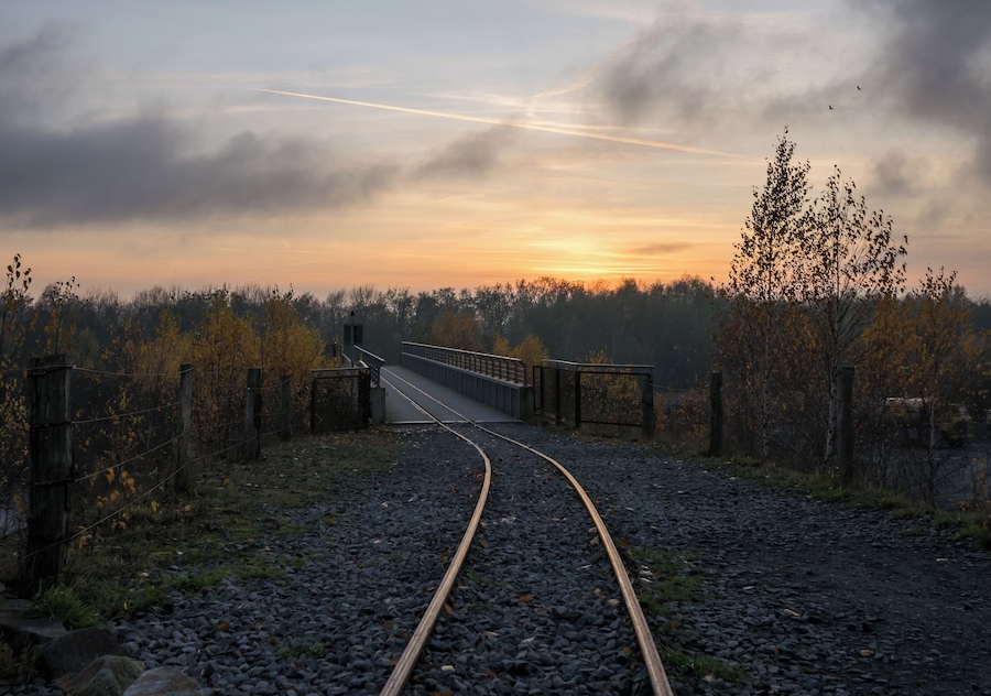 Una vía de tren serpenteando por un área boscosa, con un puente a lo lejos.
