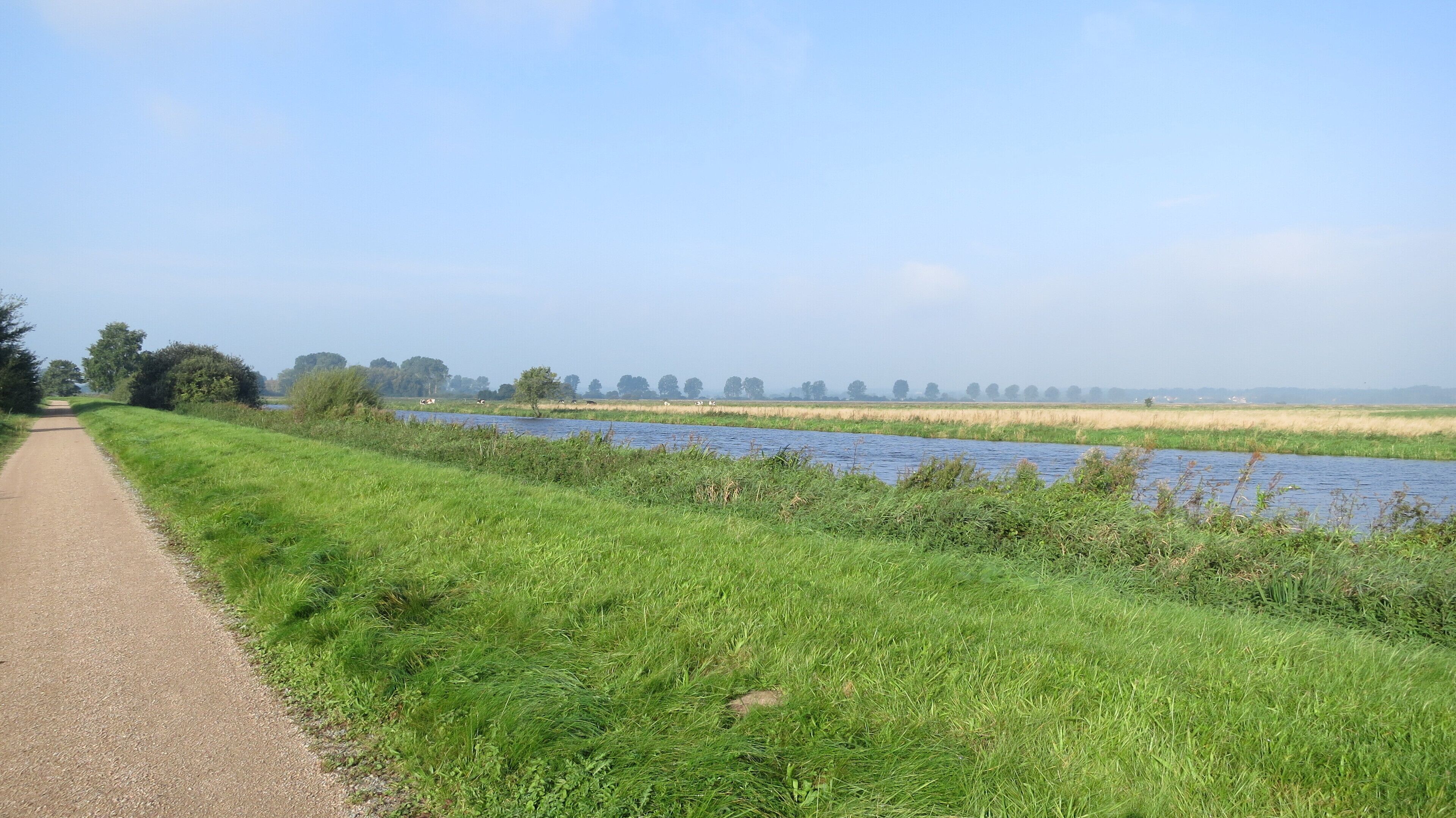 A rural landscape with a gravel path, a river, and fields.