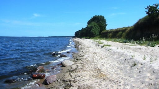 Blick auf den Strand von Vierow, ein Ortsteil der Gemeinde Brünzow in Vorpommern-Greifswald (Mecklenburg-Vorpommern). Die Aufnahme entstand kurz hinter dem Hafen Vierow mit Blickrichtung Lubmin.