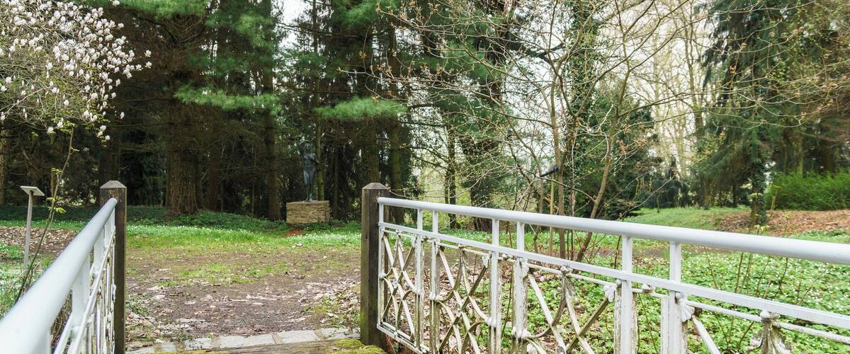 A wooden bridge with a white railing leading into a forested area with tall trees and blooming flowers.