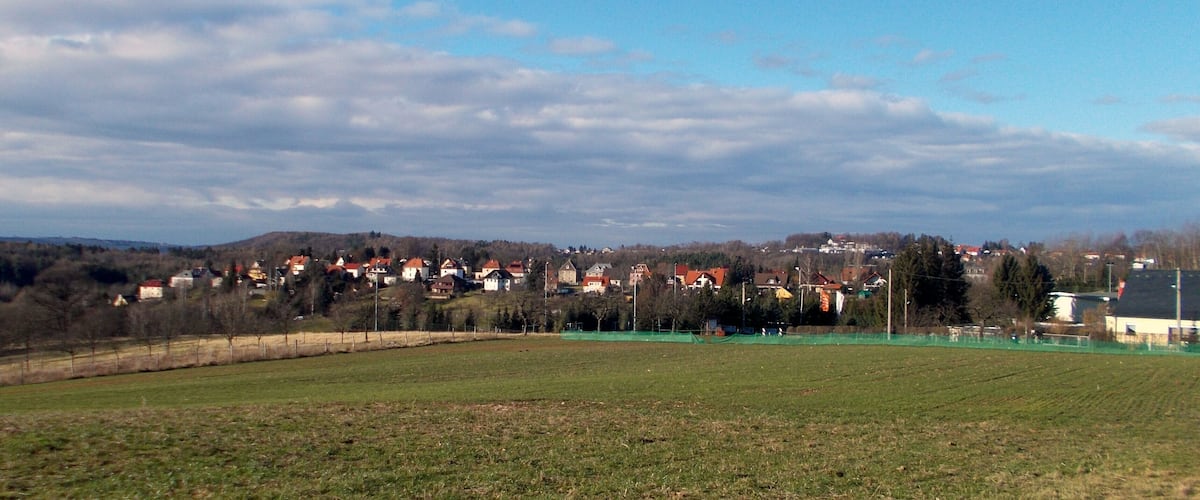 A rural landscape with a green field, a row of houses with red roofs, and a hill in the background.