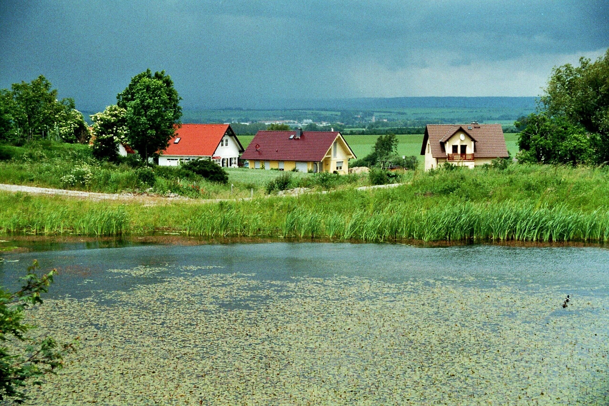 A rural landscape with a pond, three houses, and a cloudy sky.