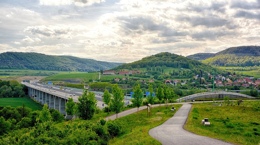 Bridge of Bundesautobahn 4 over the Saale near Jena, Germany; seen from the western side of the Lobdeburg tunnel