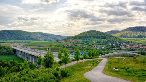 Bridge of Bundesautobahn 4 over the Saale near Jena, Germany; seen from the western side of the Lobdeburg tunnel