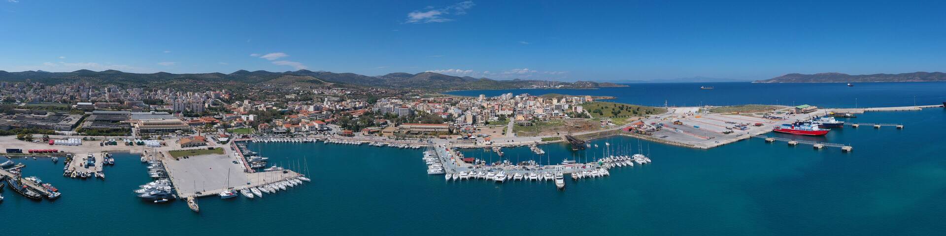 Aerial drone photo of famous port of Lavrio in South Attica where passenger ships travel to popular Aegean destinations, Greece