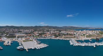 Aerial drone photo of famous port of Lavrio in South Attica where passenger ships travel to popular Aegean destinations, Greece