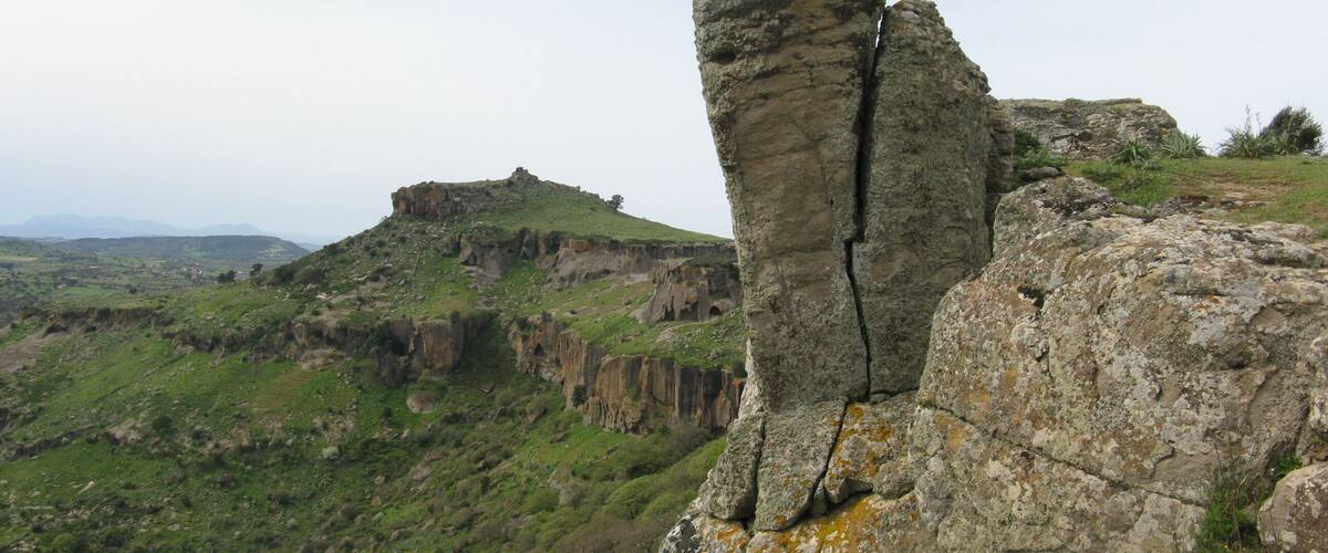 A rock formation with a prominent vertical crack.