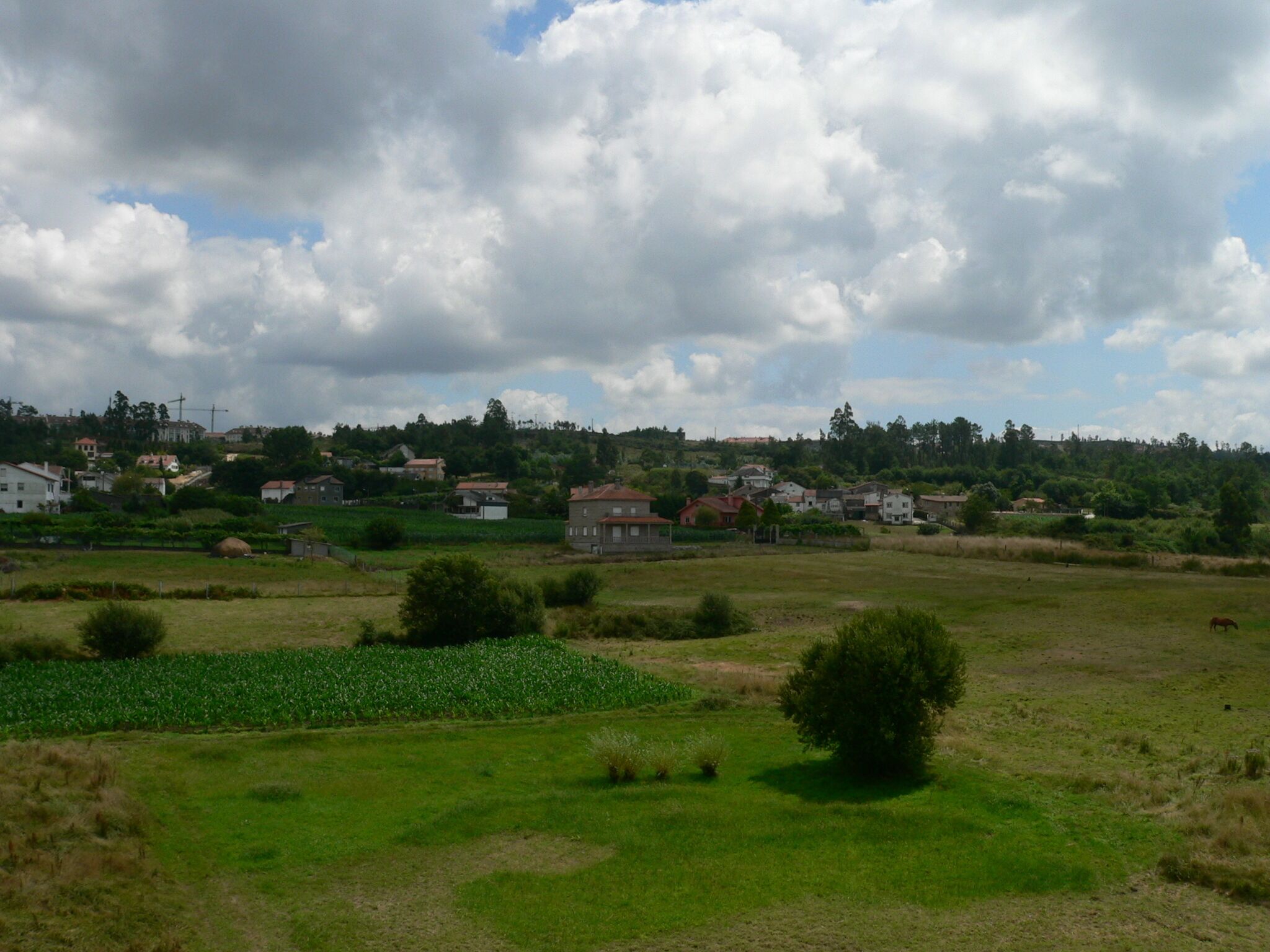A rural landscape with houses, fields, and a cloudy sky.