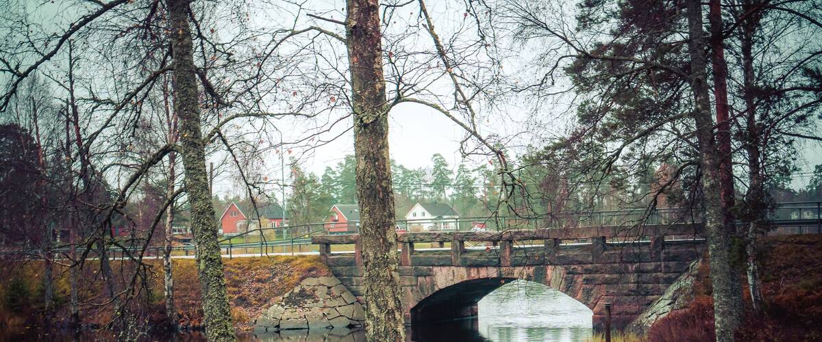 A stone bridge over a calm river, surrounded by trees and autumn foliage.