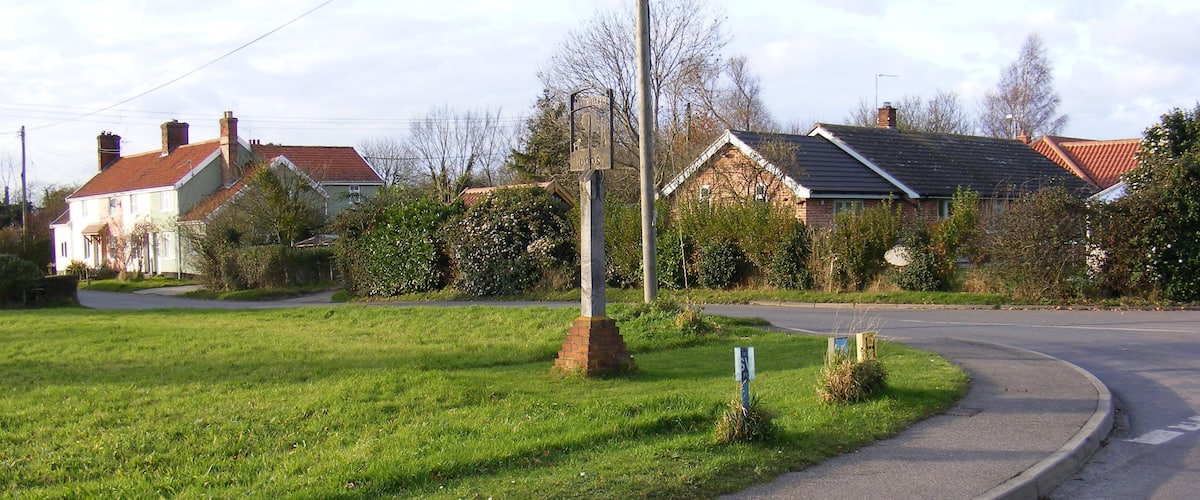 A residential street with houses, a grassy area, and a road curving to the right.