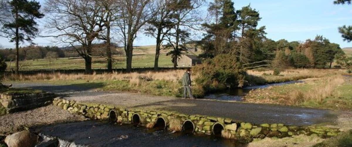A stone bridge over a stream with a person standing nearby.
