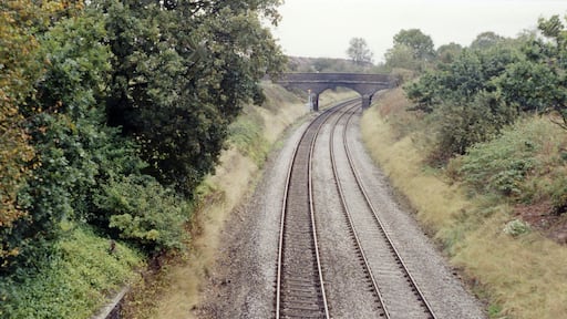 Site of Admaston station, 1991. View eastward, towards Wellington, Wolverhampton and Birmingham: ex-GWR & LNWR Joint (Birmingham - Shrewsbury - Chester GW main) and LNW Stafford - Wellington - Shrewsbury) lines. The station was closed 7/9/64, when the passenger service ceased between Wellington and Stafford (goods a year or so later). This is clearly still a main line through here.