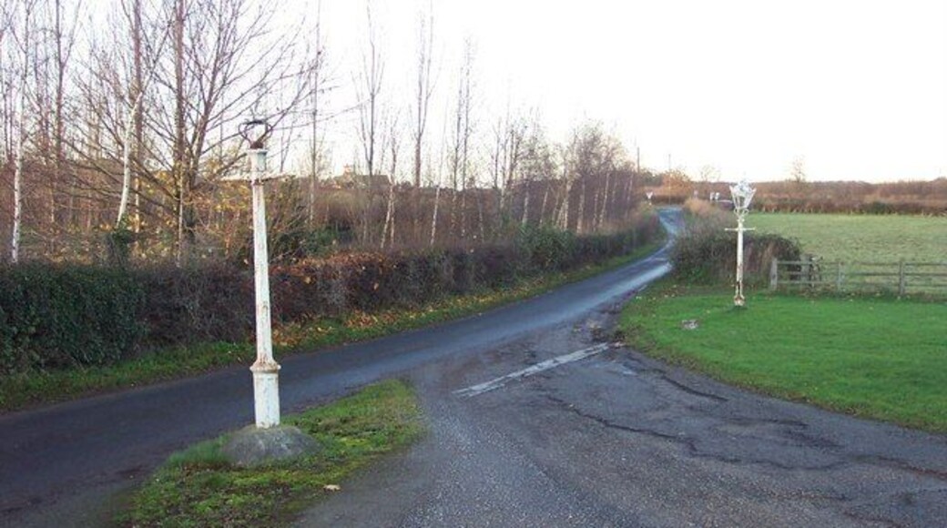 Lamp posts by the entrance to The Masons Arms at Hopperton Looking north towards the junction with the A59