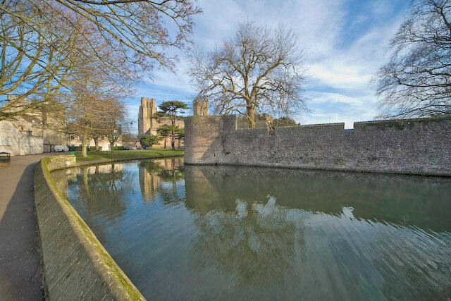 The moat around the Bishops Palace, looking towards the Cathedral from the edge of the moat