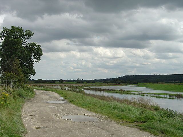 A rural dirt path beside a water body, with grassy fields and a cloudy sky.