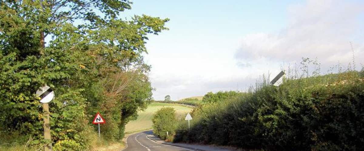 A rural road with a sharp bend, warning signs, and a grassy landscape.