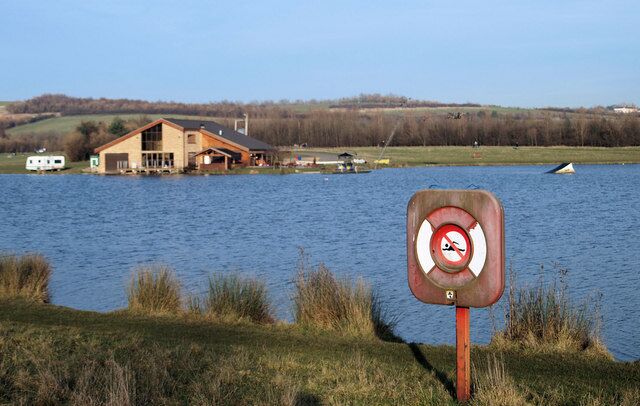 A lake with a house and a no swimming sign.
