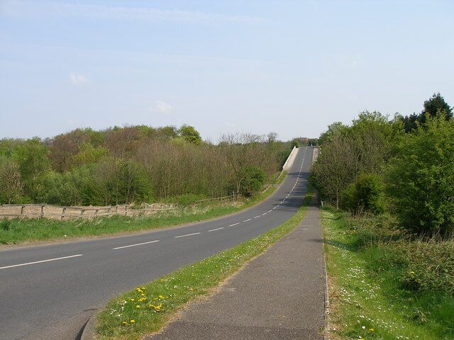 A curving road with a sidewalk on one side and a grassy area with trees on the other.