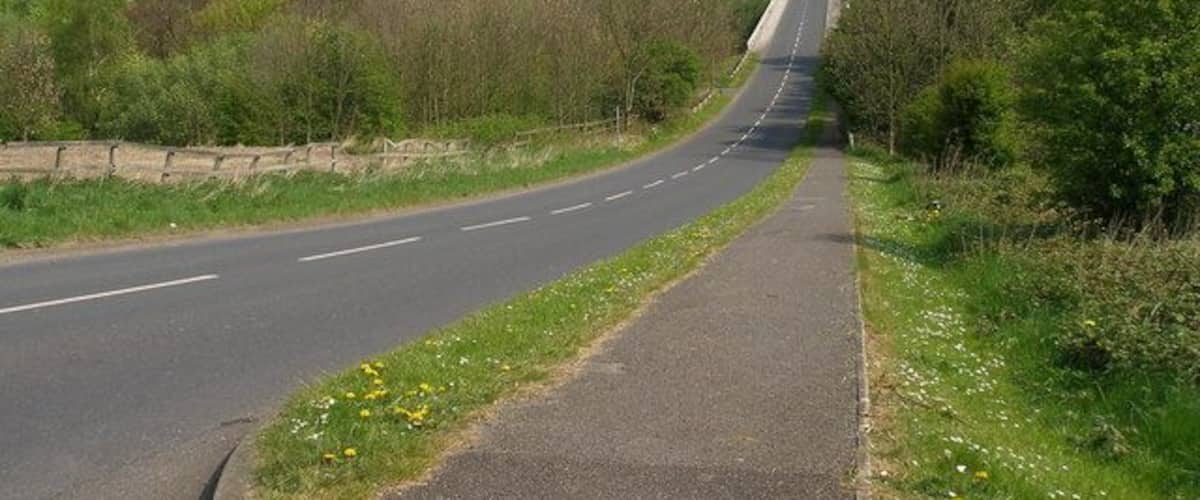 A curving road with a sidewalk on one side and a grassy area with trees on the other.