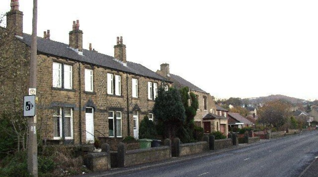 New Mill Road, Honley. This was a new turnpike road, the Wadsley and Langsett Trust, in 1804-5. The mileposts are from Huddersfield to Sheffield. This photo shows a row of probably late 19C houses associated with the industry nearby, and later houses beyond. The road is built on a straight alignment on the flat velley floor, hence the speed camera warnings (the police radar car was in action today, but I was crawling along looking for something to photograph!).