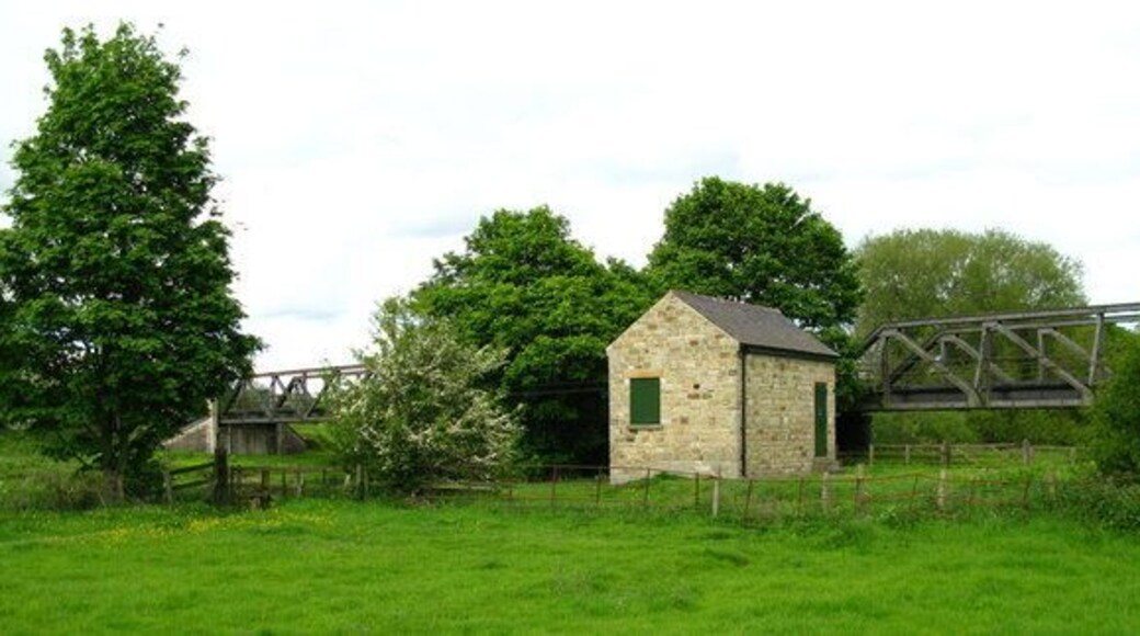 Catterick Bridge Flow Gauging Station on the banks of the Swale. The girder bridge in the background used to carry the Catterick Garrison Railway over the river.