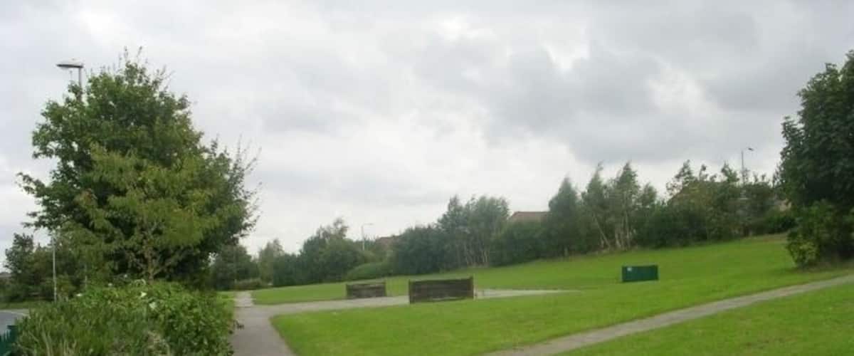 A paved path in a grassy park with trees and a cloudy sky.
