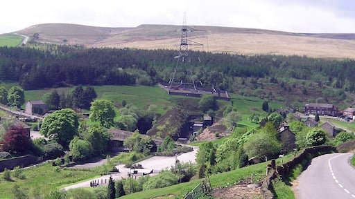 Dunford Bridge South Yorkshire, In the centre can be seen the old sealed up entrances to the Woodhead rail tunnels. The road to the left is called Windle Edge and leads to the A628 Sheffield to Manchester Road.