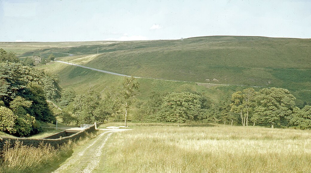 Moorland north of Dunford Bridge, 1968. View NW from Dunford Bridge, over new Winscar Reservoir (hidden) to Snailsden Fell (1,565 ft.), at site of temproary Balfour Beatty workers' camp during construction of New Woodhead Tunnel (1949-54)