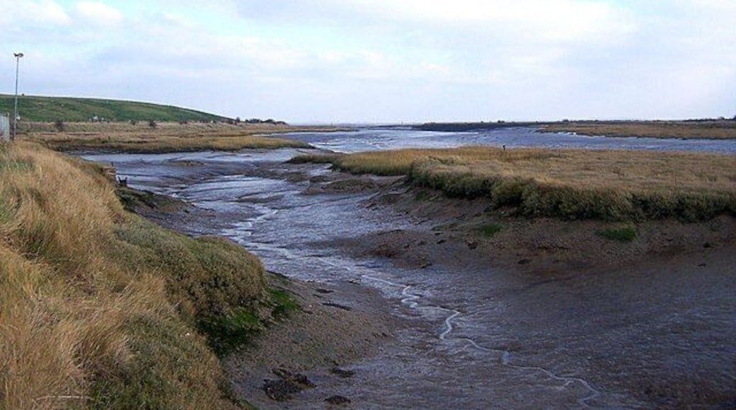 Milton Creek Looking east at low tide. The green hill on the left is a spoil heap from Kemsley paper mill which stands in the adjacent square - TQ9166
