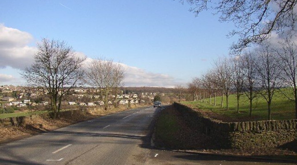 Woodsome Road, Farnley Tyas, Yorkshire. This view is looking eastwards from the entrance to Woodsome Hall. It is 'Road' not 'Lane' and has been constructed with an even gradient and a gentle curve, all signs that it is a diversion of an old lane that went through the estate. This is confirmed by reference to Jefferys's map of 1771, which shows the road as passing close by the hall and entering Farnely Tyas village via Field Lane. The new road is shown on the OS map of 1850.