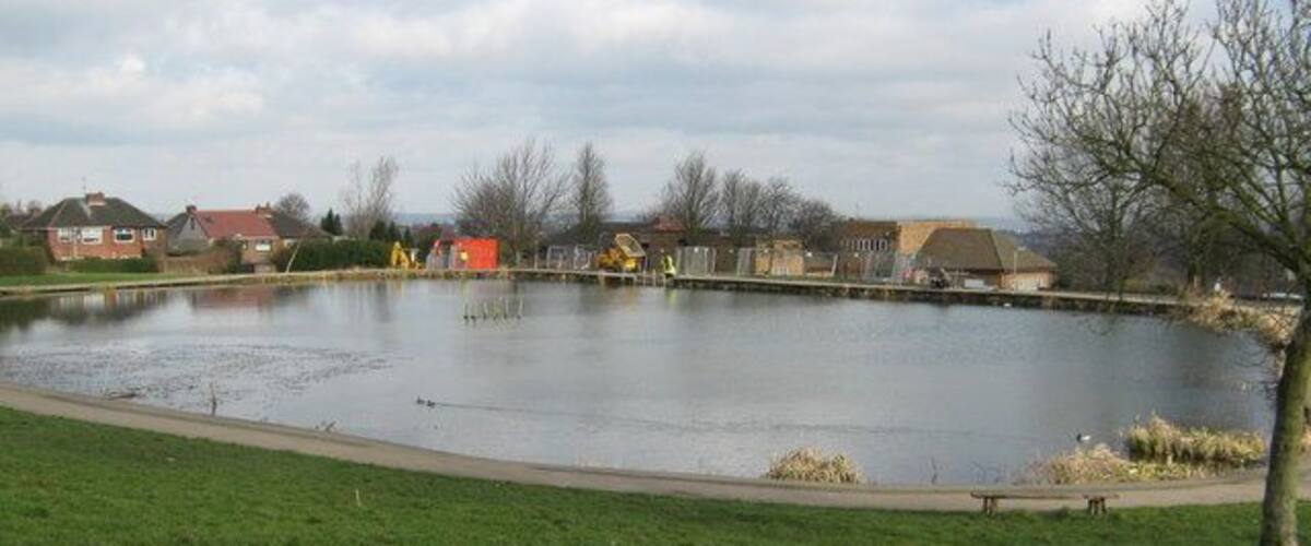 A large pond surrounded by grass, a few trees, and some buildings in the background.