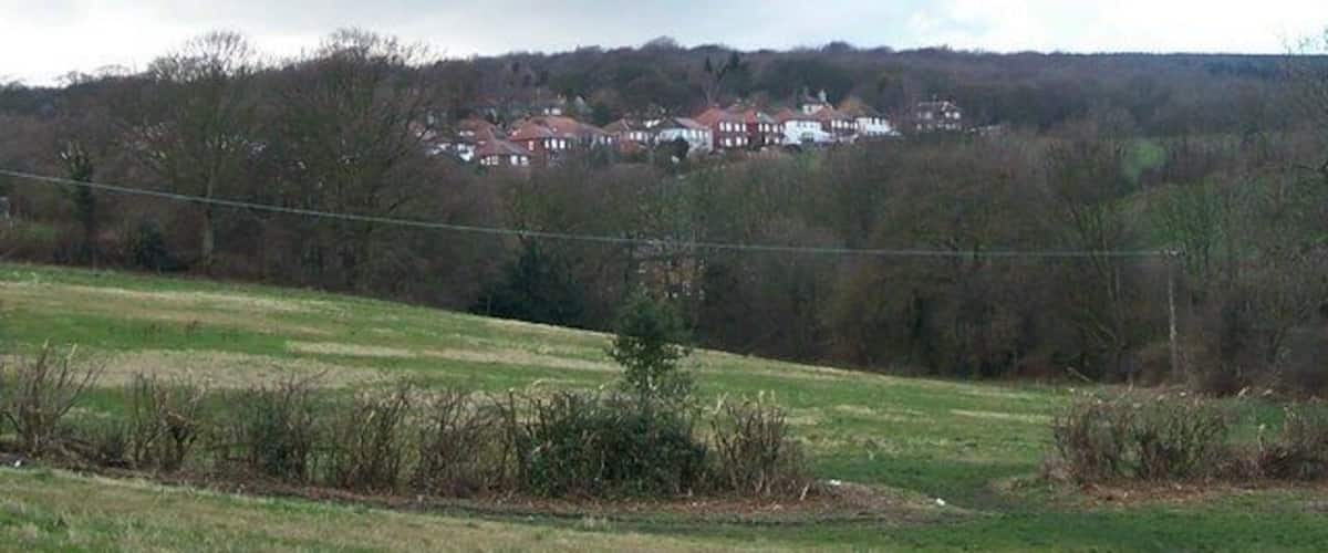 A rural landscape with a field in the foreground and a cluster of houses on a hill in the background.