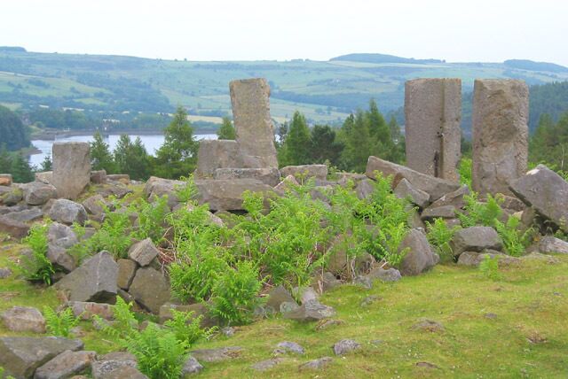 Ruins of North America Farm by Langsett reservoir. The ruins of North America Farm surround the path up to Hingcliff Common. Along with other farms in the area, it was abandoned as part of depopulation measures intended to improve the purity of the reservoir water