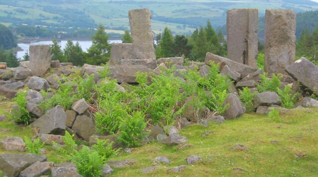 Ruins of North America Farm by Langsett reservoir. The ruins of North America Farm surround the path up to Hingcliff Common. Along with other farms in the area, it was abandoned as part of depopulation measures intended to improve the purity of the reservoir water