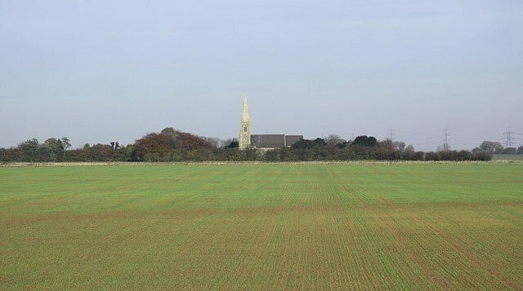 Luddington farmland Recently planted cereal crop at Luddington with St.Oswald's church in trees beyond